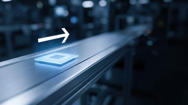 Semiconductor chip on conveyor belt in factory process illustrating ongoing war for advanced technology innovation and production efficiency