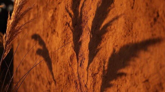 Warm sunlit texture of an aged earthy wall adorned with delicate botanical shadows, creating a serene and natural abstract pattern ideal for rustic design backgrounds