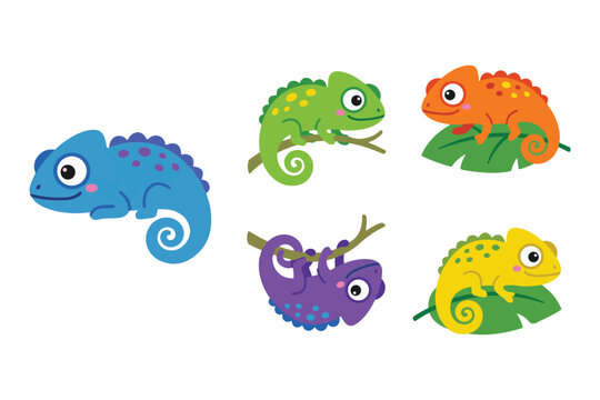 Cute colorful chameleon lizard vector illustration set. Flat exotic reptile animal characters and tropical leaves clipart pack isolated on white background