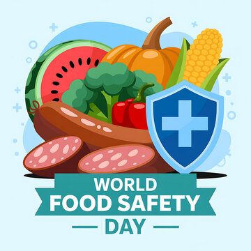 World food safety day concept with shield protecting fresh produce and meat on a light blue background