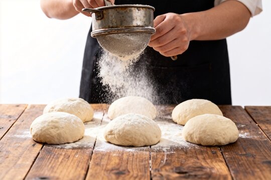 Baker Dusting Dough with Flour on Wooden Table