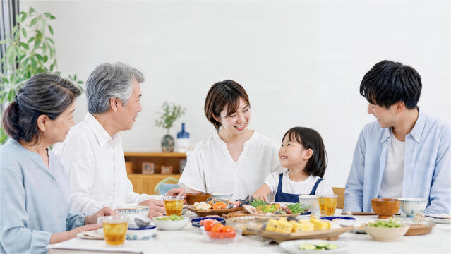お盆に多世代家族が食卓を囲む夏の団らん