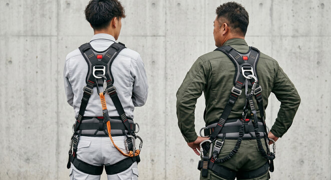 高所作業に向けフルハーネスの装備を確認する二人の男性作業員のバックショット