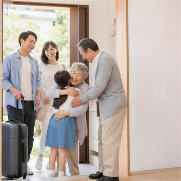 お盆の帰省で家族が玄関で再会する温かな場面