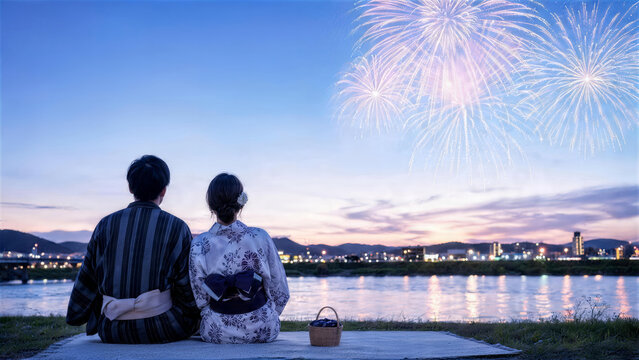 浴衣カップルが川辺で花火を眺める夏の夜