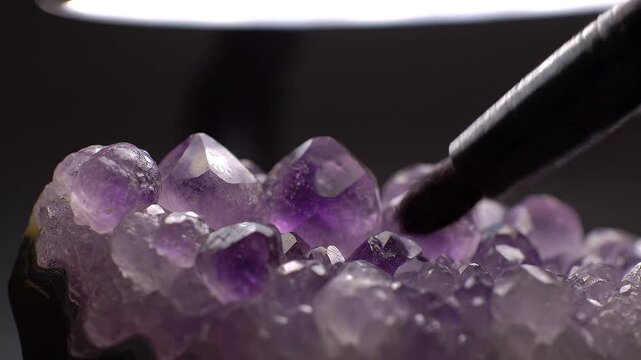A delicate brush meticulously cleans and highlights the intricate natural facets of a vibrant purple amethyst crystal cluster under soft illumination, emphasizing its raw geological beauty