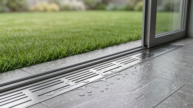Modern sliding door threshold with integrated drainage channel system and water droplets on grey tile flooring near lawn