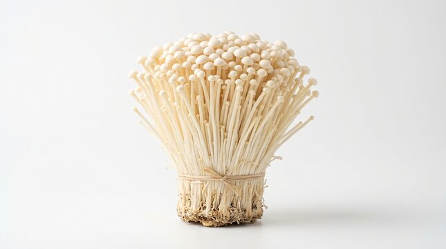 Fresh enoki mushrooms tied in a bundle on a clean white background, raw culinary ingredient
