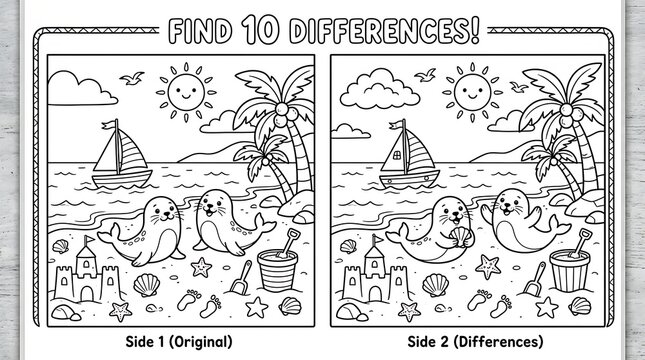 Find 10 differences game with a beach scene find differences