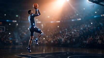 Obraz premium Professional basketball player wearing motion capture suit shooting ball