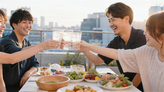 屋上で友人たちが冷たい飲み物で乾杯する夏の集まり
