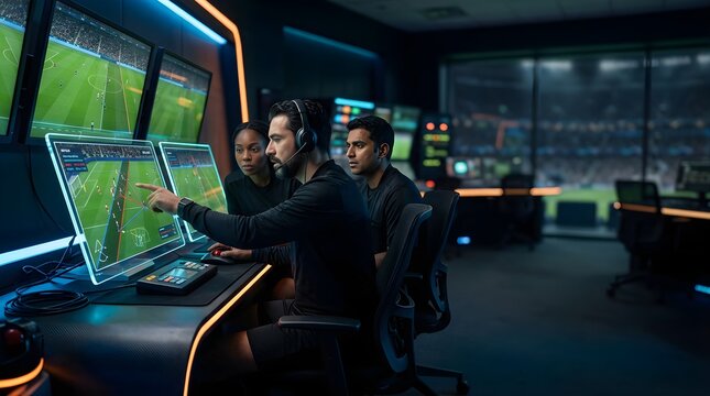 Professional video assistant referee team analyzing soccer match in monitor