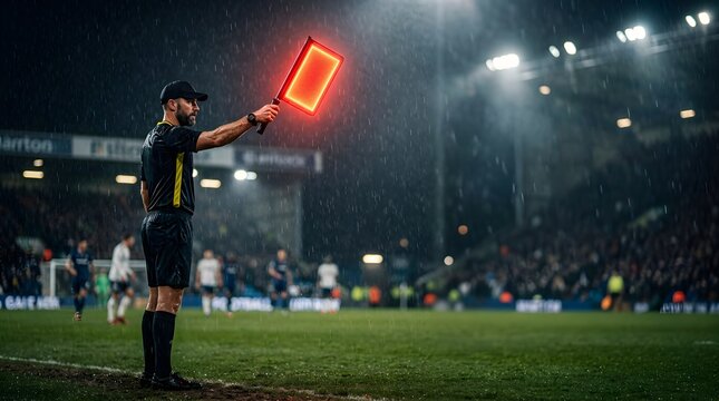 Soccer referee holding a glowing substitution board during a rainy night match