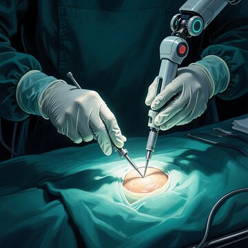 Surgeon using advanced robotic arm for minimally invasive surgery with precision instruments.