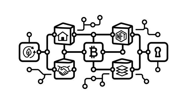 Black outline flowchart connecting blockchain bitcoin and nft icons.