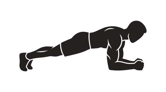 Black silhouette of man performing forearm plank core exercise.
