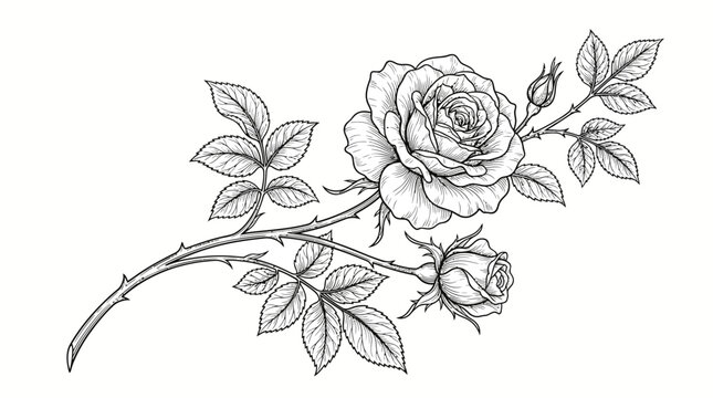Detailed Single Rose Stem with Blooming Rose and Bud, Delicate Leaves, Isolated White Background
