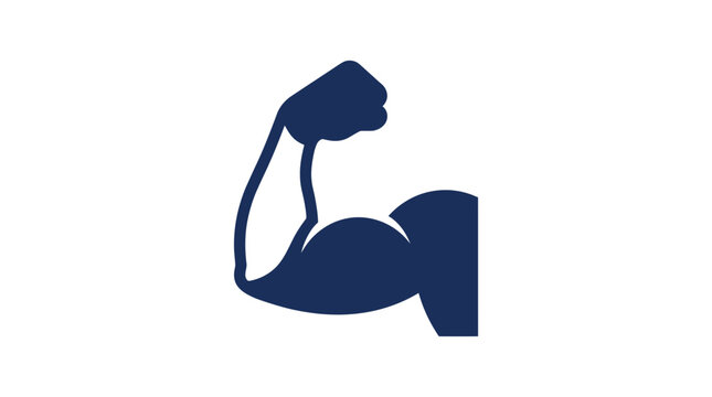Blue muscular arm bicep flex icon on white background.
