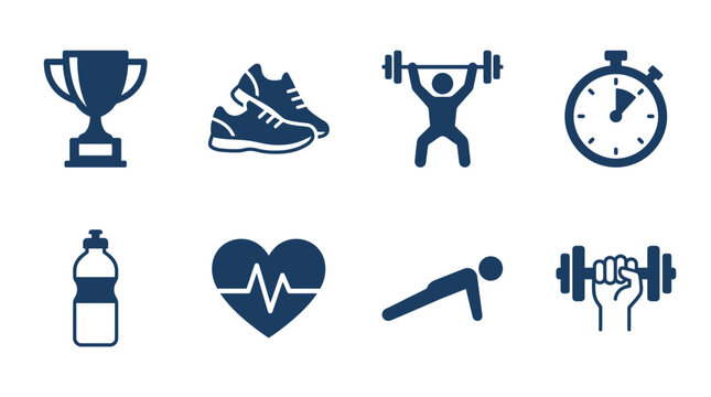 Blue fitness and sports icons set for workout tracking.