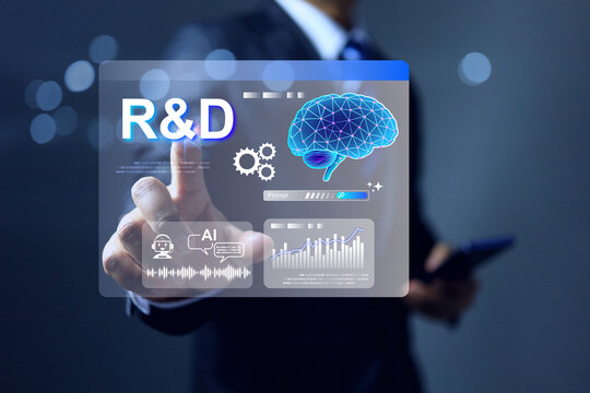 research and development concept with businessman pointing on R and D interface represents Ai applied in research innovation working