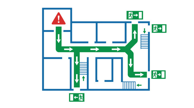 Building floor plan showing emergency evacuation routes and exit signs.