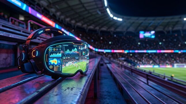 Virtual reality headset with sports analytics display in a soccer stadium