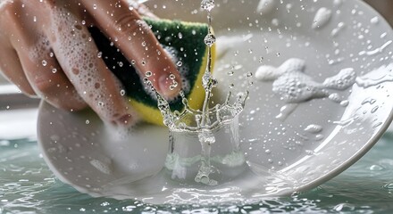 Fototapeta premium Washing dishes: close-up of a hand with sponge and plate