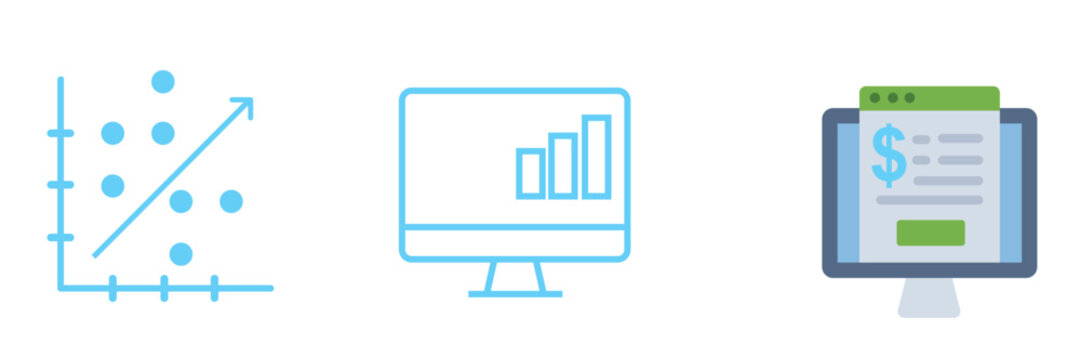 Business Data Analytics Icon Set with Scatter Plot Graph, Line of Best Fit, Computer Monitor Bar Chart, and Web Browser Financial Invoice Screen