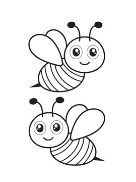 Two cute bumble bee characters black and white line art with bumblebee