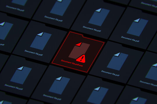 Cybersecurity concept showing a malicious malware file hidden as pdf exe among safe documents with red warning alert icon.