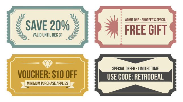 Set of retro discount coupons and vintage shopping voucher templates with promotional offers, perfect for retail marketing, business promotion and customer loyalty campaigns
