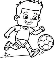 Obraz premium A cute cartoon sketch of a cheerful young boy who is energetically running across the field while playing with a soccer ball.