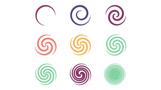 colorful vector spiral swirl vortex and hurricane icons set isolated on white background, perfect for minimalist logo design, corporate branding and modern web graphics