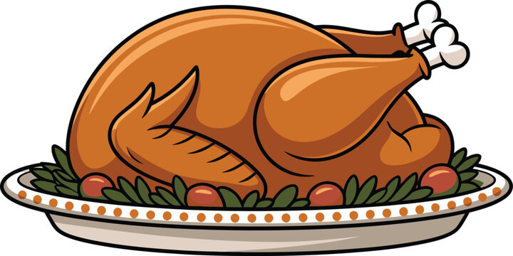 Roasted turkey on platter with garnish isolated on transparency grid background.