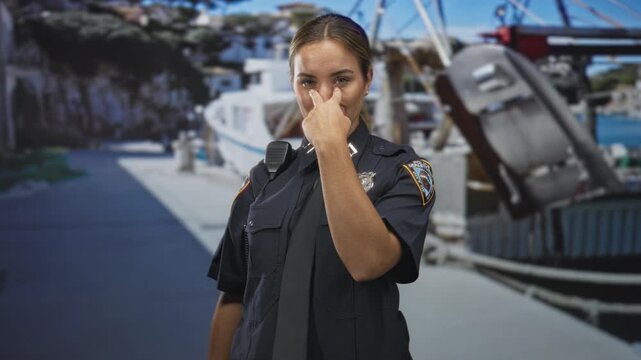 Woman police officer points two fingers to nose on dock with badge and radio microphone visible, boats and outboard in marina; confidence.