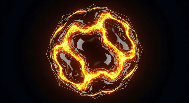 Abstract glowing orb with geometric wireframe and liquid fire effect sphere light