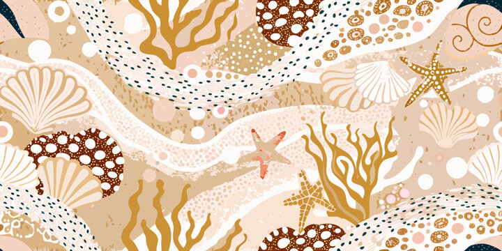 Seashell and starfish pattern abstract coastal vector illustration