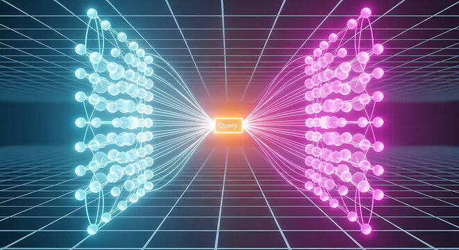 Blue and pink glowing spheres connected by lines to orange query box network data connection abstract
