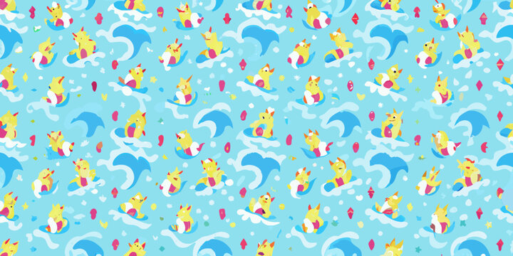 Surfing corgis pattern playful vector illustration with waves and dogs