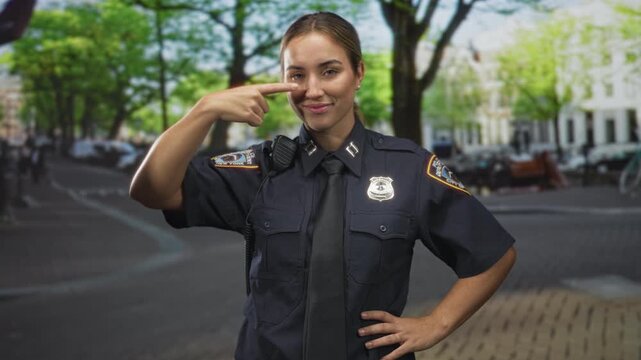 Woman police officer points finger to nose on tree lined city street, radio on shoulder and hand on hip; confidence authority.