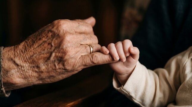 Macro Photo of Elderly Wrinkled Hand and Baby Interlocking Pinky Fingers on Dark Background representing generational trust family legacy pinky promise life insurance and asset protection