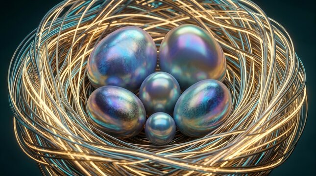 Golden Metallic Wire Bird Nest Holding Iridescent Multi Sized Chrome Eggs Macro 3D Render representing family legacy generational wealth protection and financial inheritance investment
