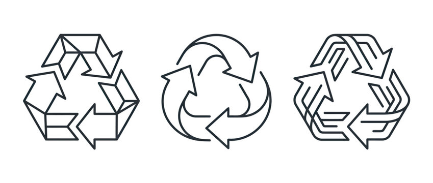 Three black and white recycling symbols on a white background for environmental concepts