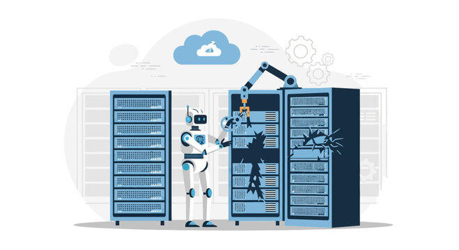 Robot repairing damaged server rack in data center with cloud backup
