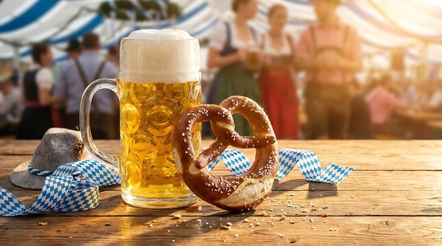 Traditional Oktoberfest Beer Mug and Pretzel on Wooden Table.