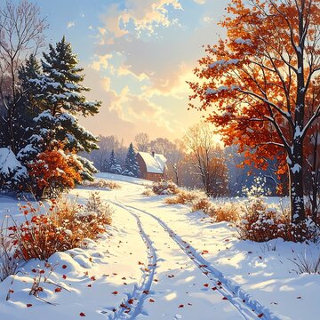 Winter landscape with snow covered road.