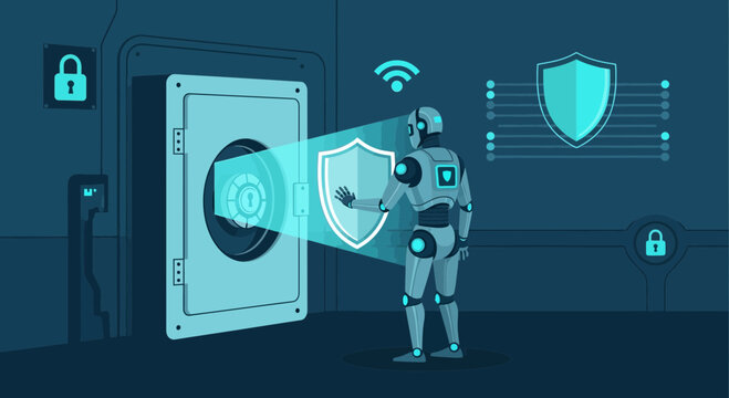 Robot Security System: AI robot protecting vault with digital shield, cybersecurity concept