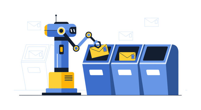 Robot sorting mail, automated postal service, delivery automation, technology concept