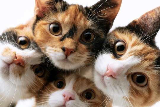 Low angle view of five cute multi colored domestic curious cats staring directly down.