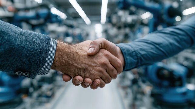 Two business man shake hands in a factory setting with robotic arms in the background.